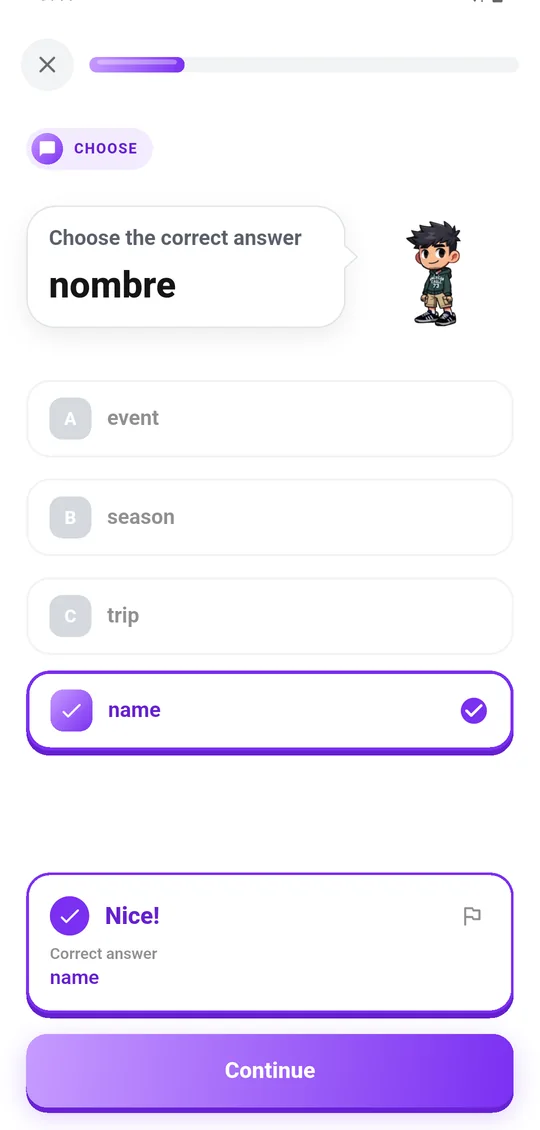 A multiple-choice question answered correctly, with the “Nice!” feedback panel.