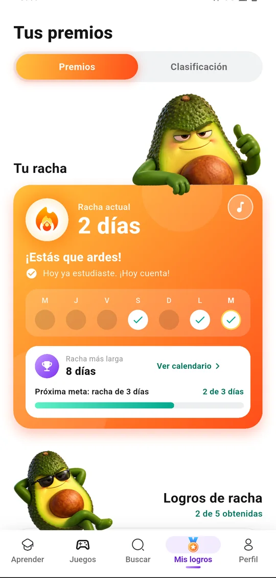 La pantalla de premios con logros y la clasificación del reto por equipos.