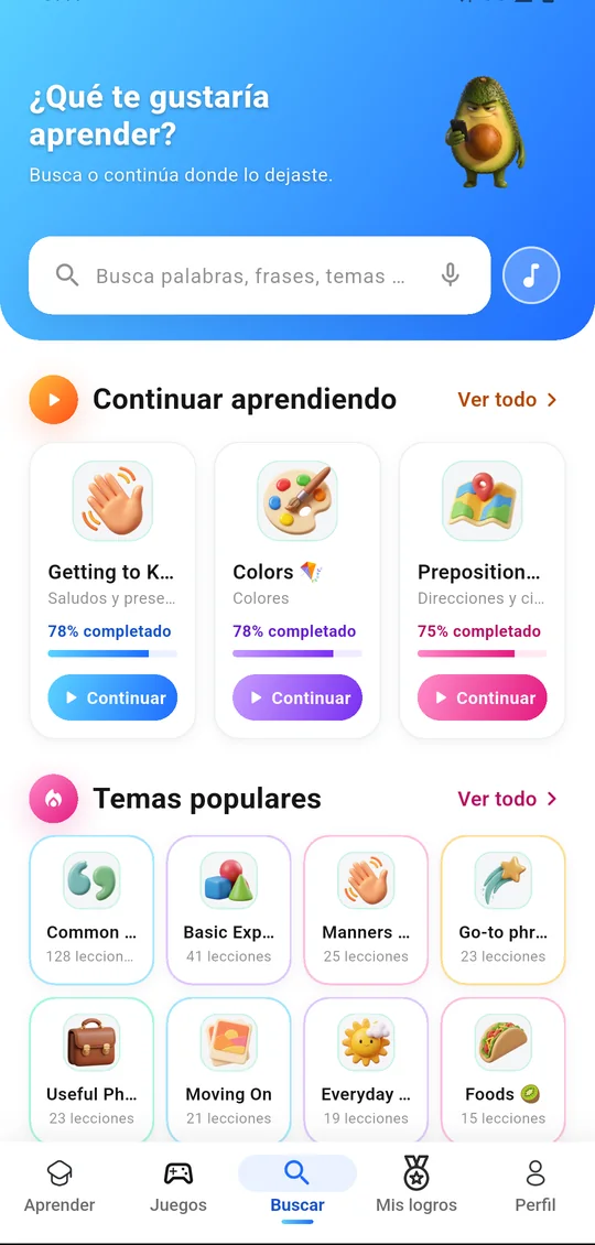 La pantalla Buscar con Continuar aprendiendo y Temas populares.