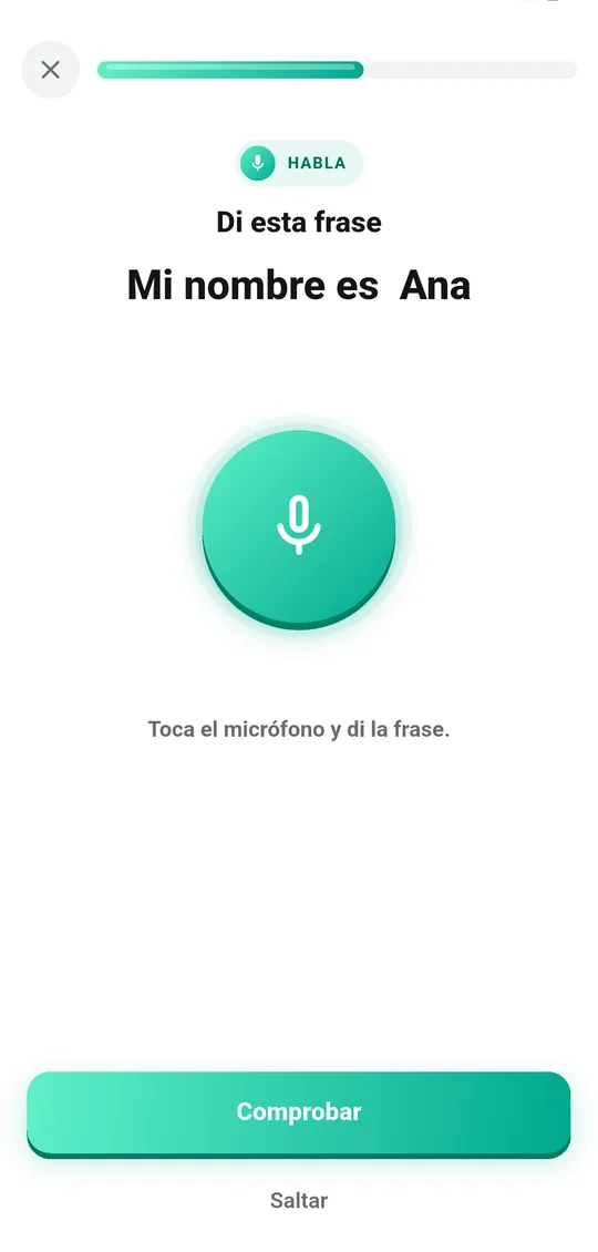 Habla: Di la frase en voz alta. La app te escucha y te corrige.