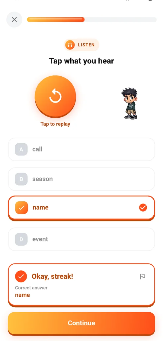 Hear & pick: Play the audio, then choose what you heard.