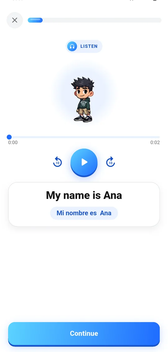 The first screen of a lesson: “I’m a student” with audio to play.