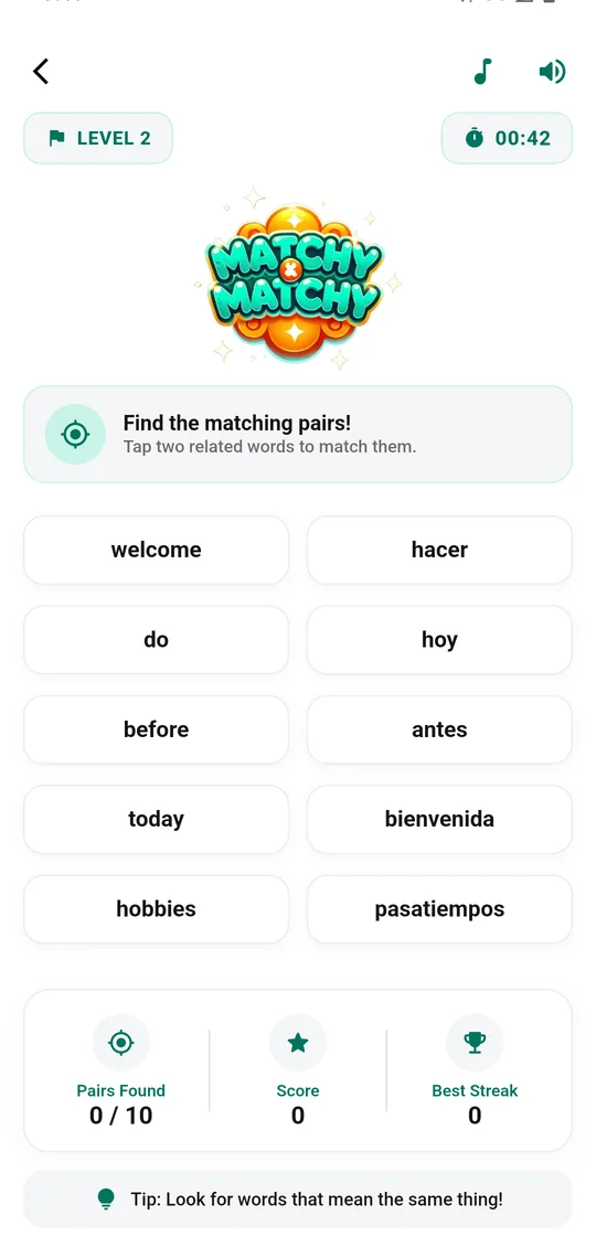 Matchy Matchy: level 2, a 44-second timer and word cards to match.