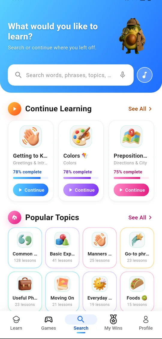 The Search screen with Continue Learning and Popular Topics.